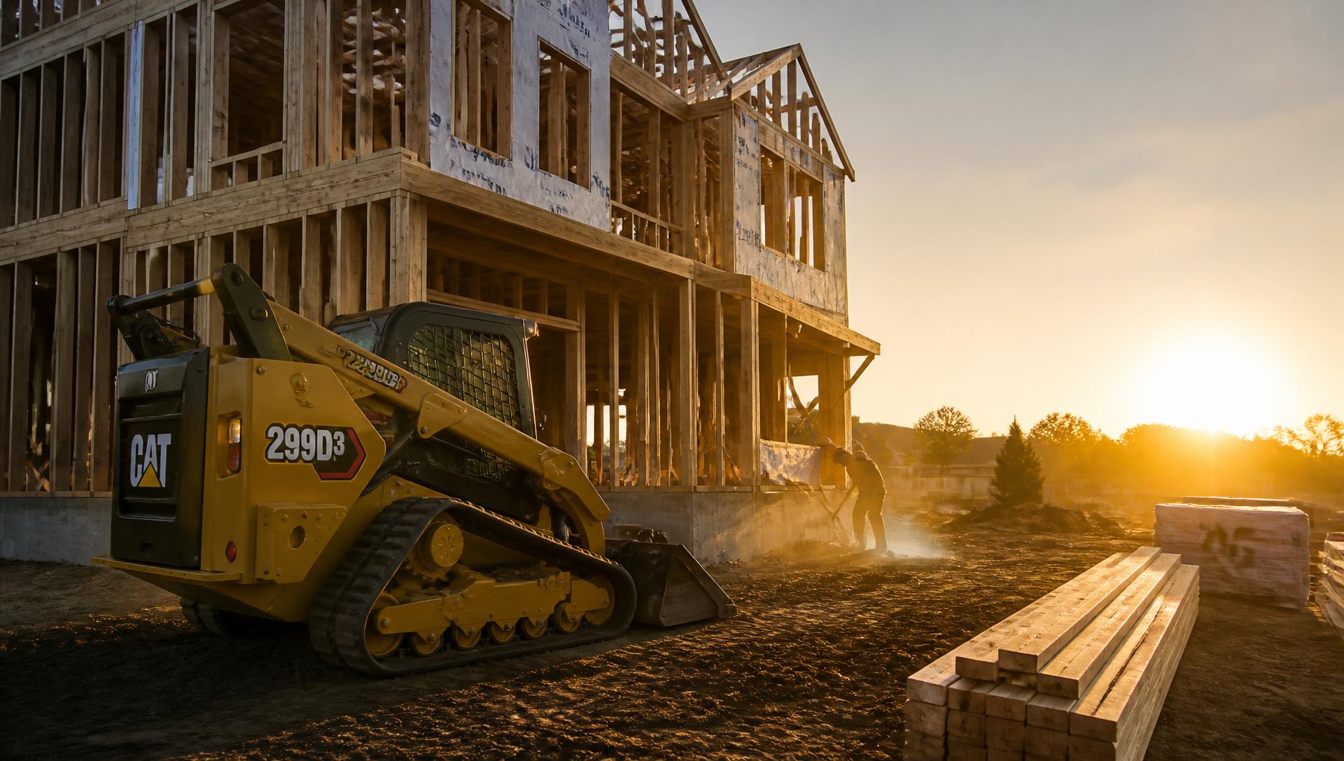 Framed house under construction with a track loader on site at sunset