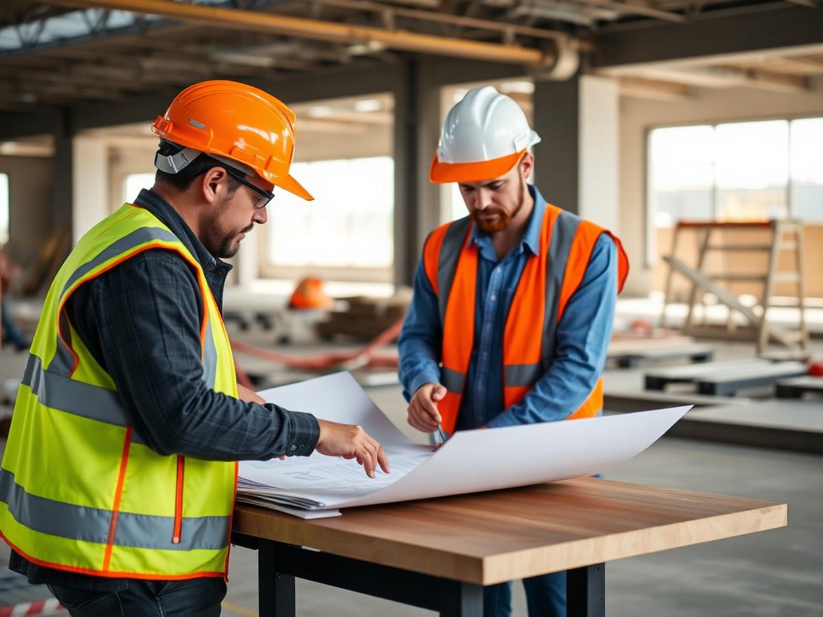 Two site supervisors reviewing construction drawings